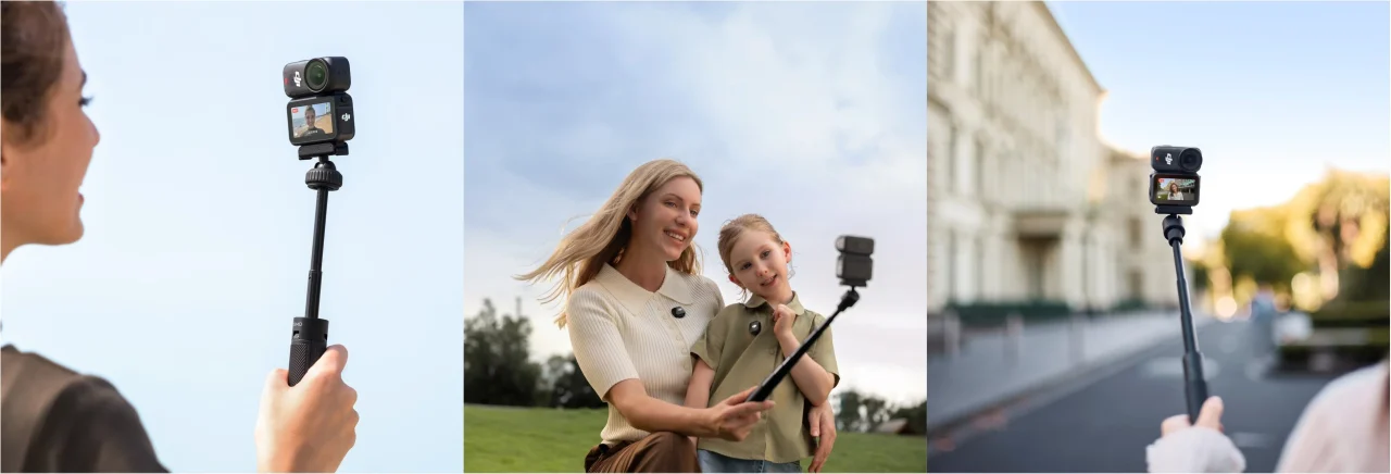 Osmo Nano On-the-Go Comboの延長ロッドを手に撮影する人々