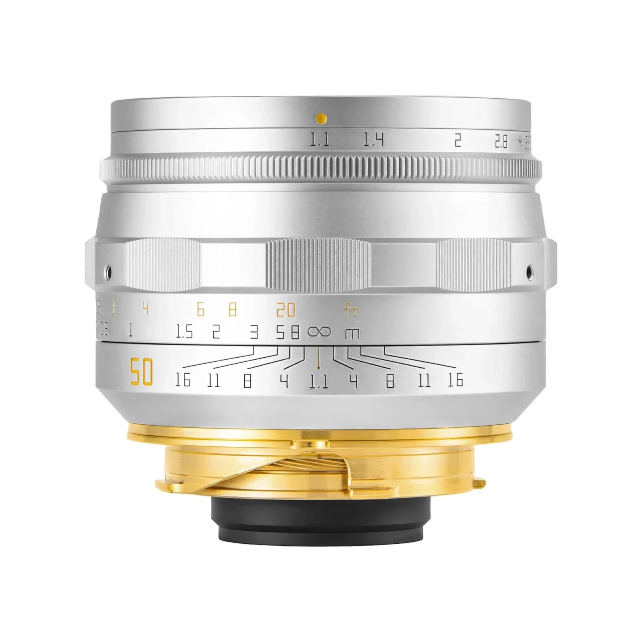 銀色のSHOTEN「TRIBUTE 01 - LTM50mm f/1.1」の側面