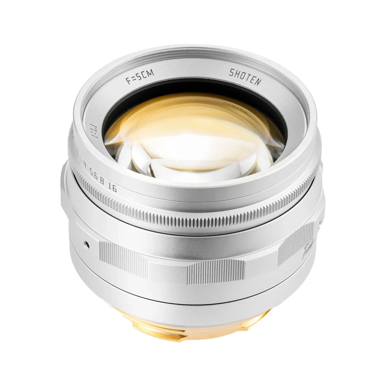 銀色のSHOTEN「TRIBUTE 01 - LTM50mm f/1.1」の前玉と鏡筒