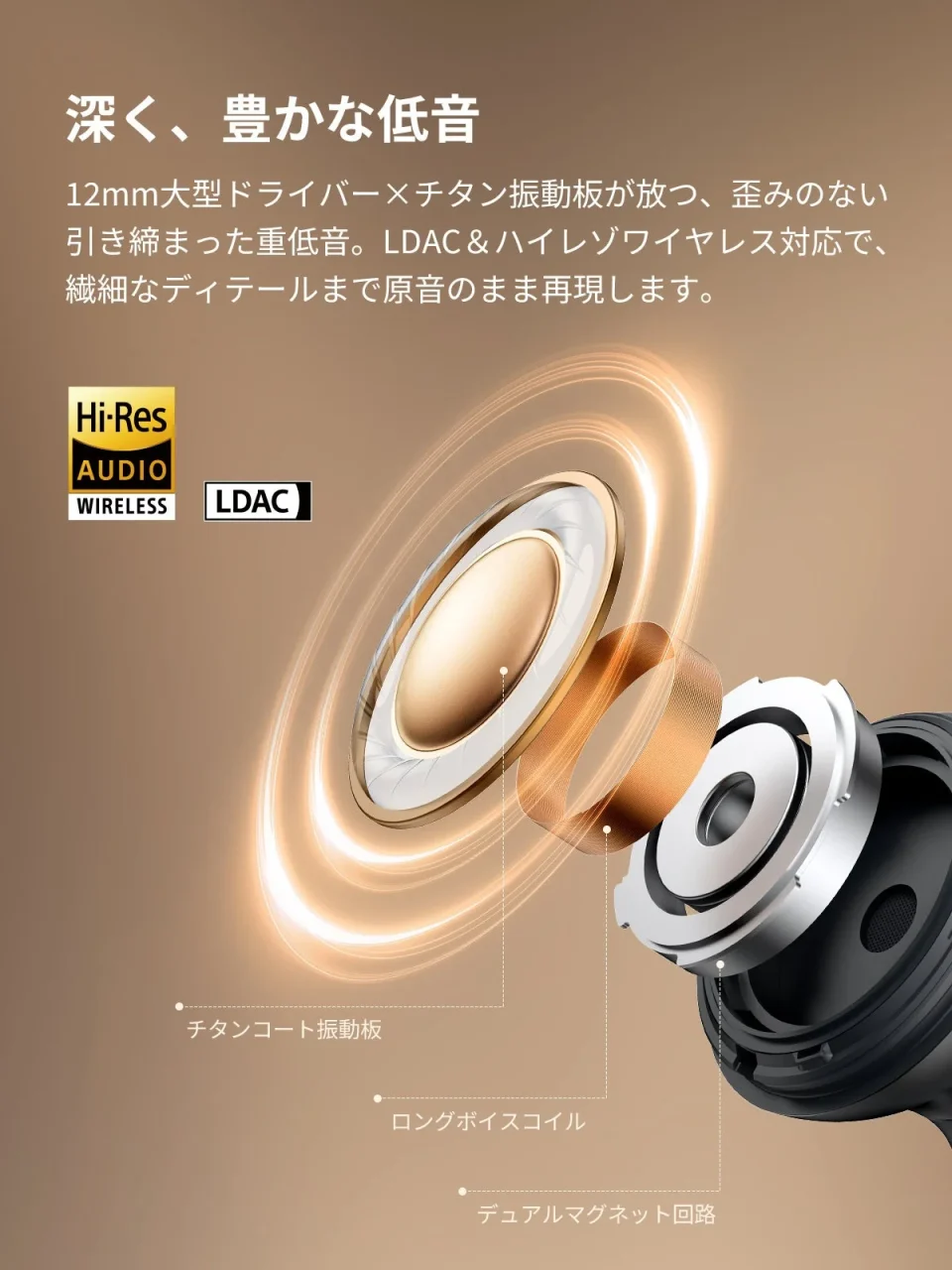 Comfo Bass Proのイヤホン内部と12mmチタンコート振動板の分解図