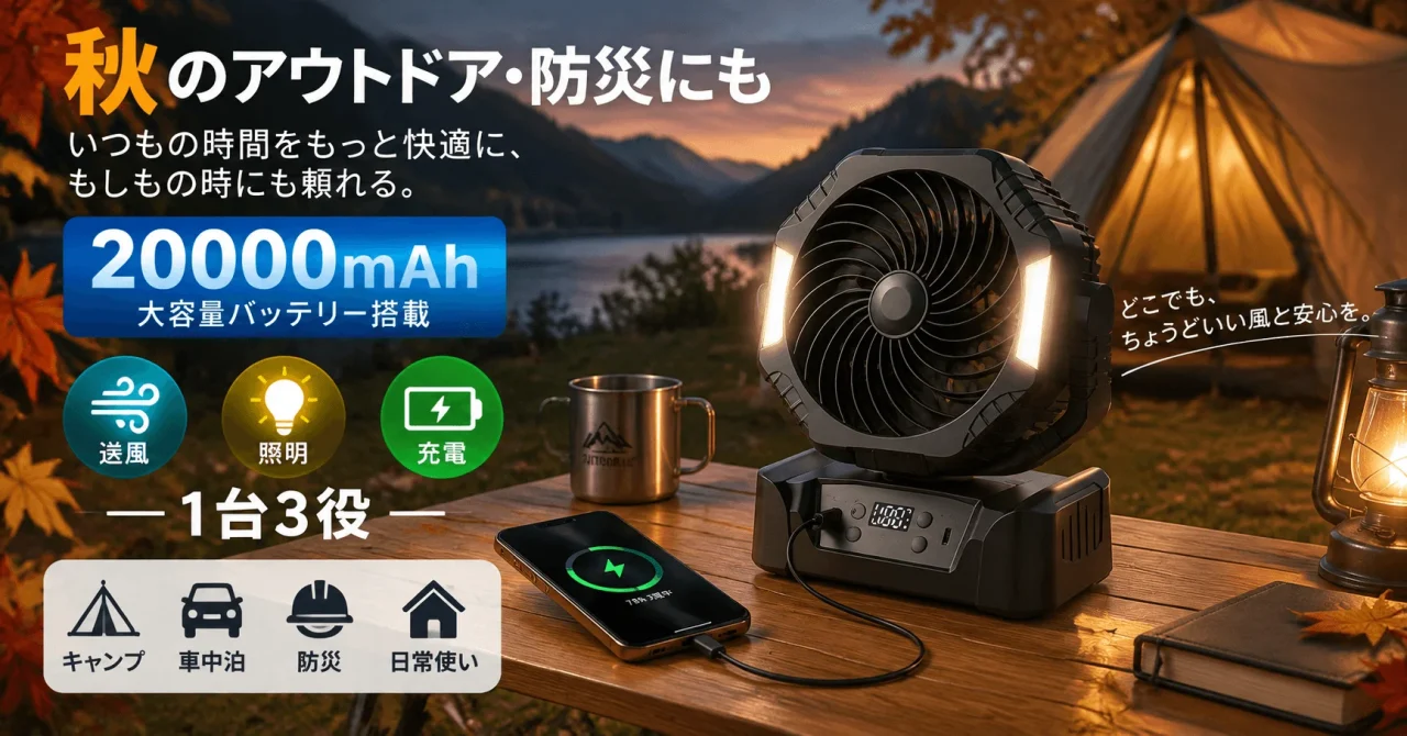 テント脇の卓上に置かれた多機能ポータブルファン