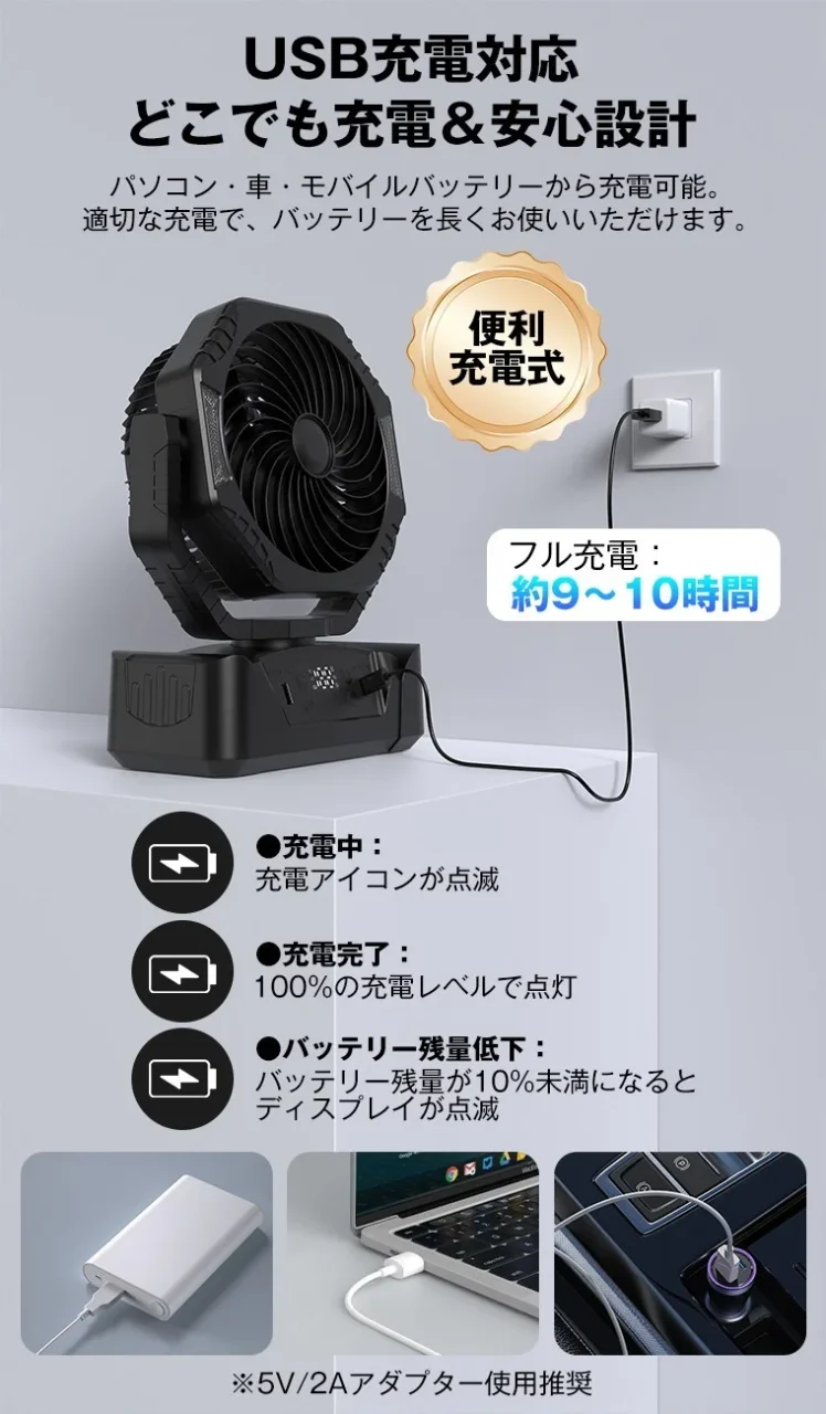 USB充電中の多機能ポータブルファンと接続例
