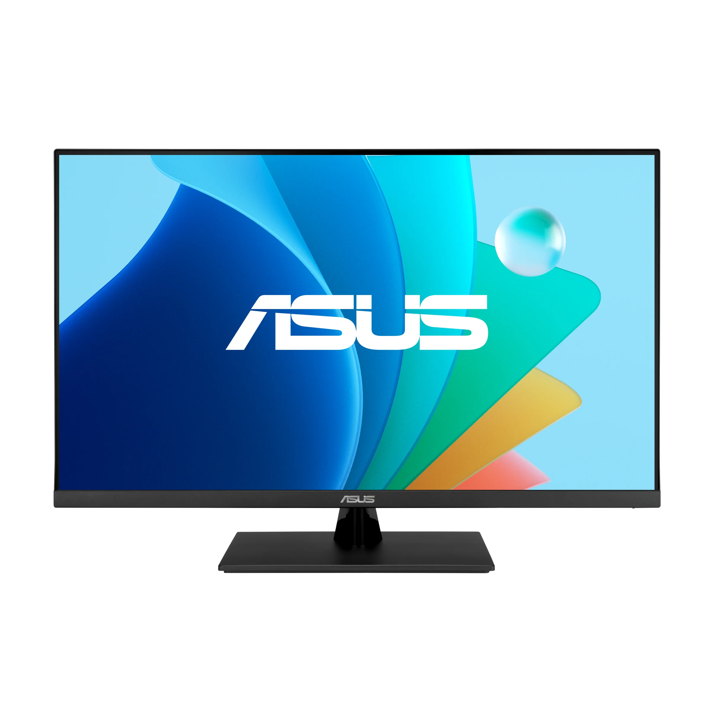 ASUS VA329QG3モニターの正面図。スタンド付きで、画面にはASUSロゴと抽象的なグラフィックが表示されている。