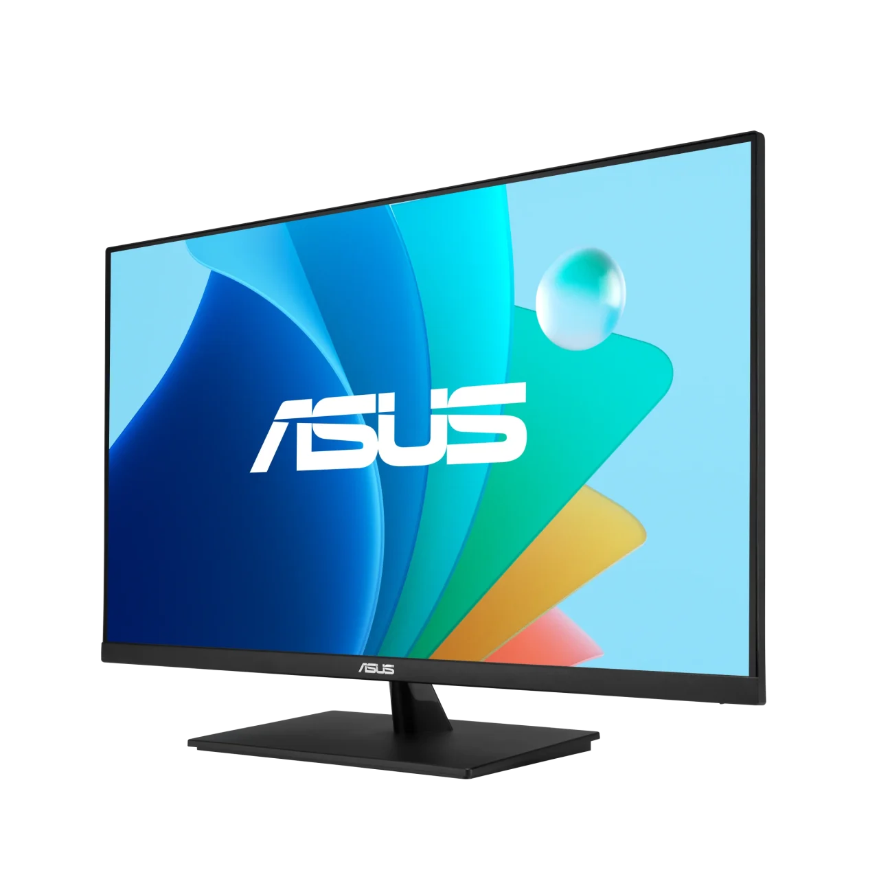 ASUS VA329QG3の正面斜めからの外観。スタンド付きで、画面にはASUSロゴとカラフルな抽象的なグラフィックが表示されています。