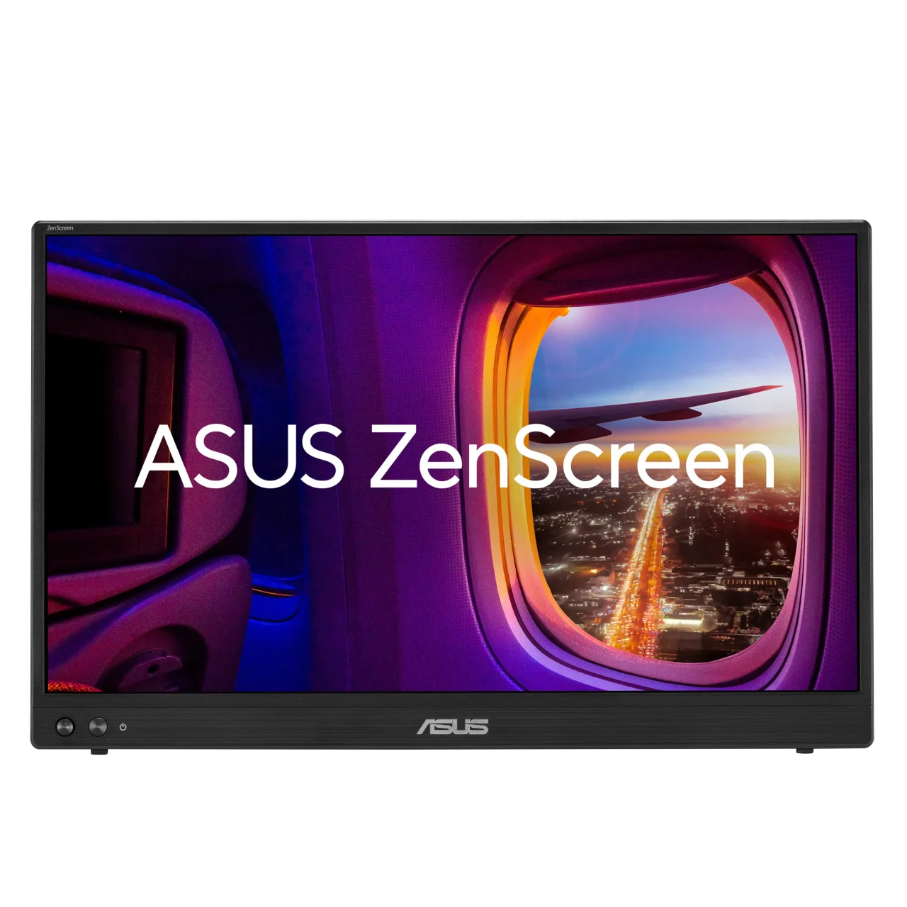 ASUS ZenScreen MB16AHVEの正面図。航空機窓の壁紙とASUSロゴが映る16インチポータブルモニター。