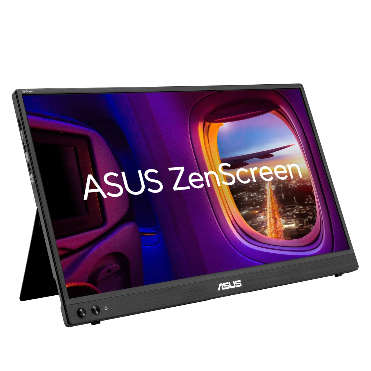 ASUS ZenScreen MB16AHVEのポータブルモニター。スタンド付きで、画面に飛行機窓の画像とASUS ZenScreenの文字が表示されています。