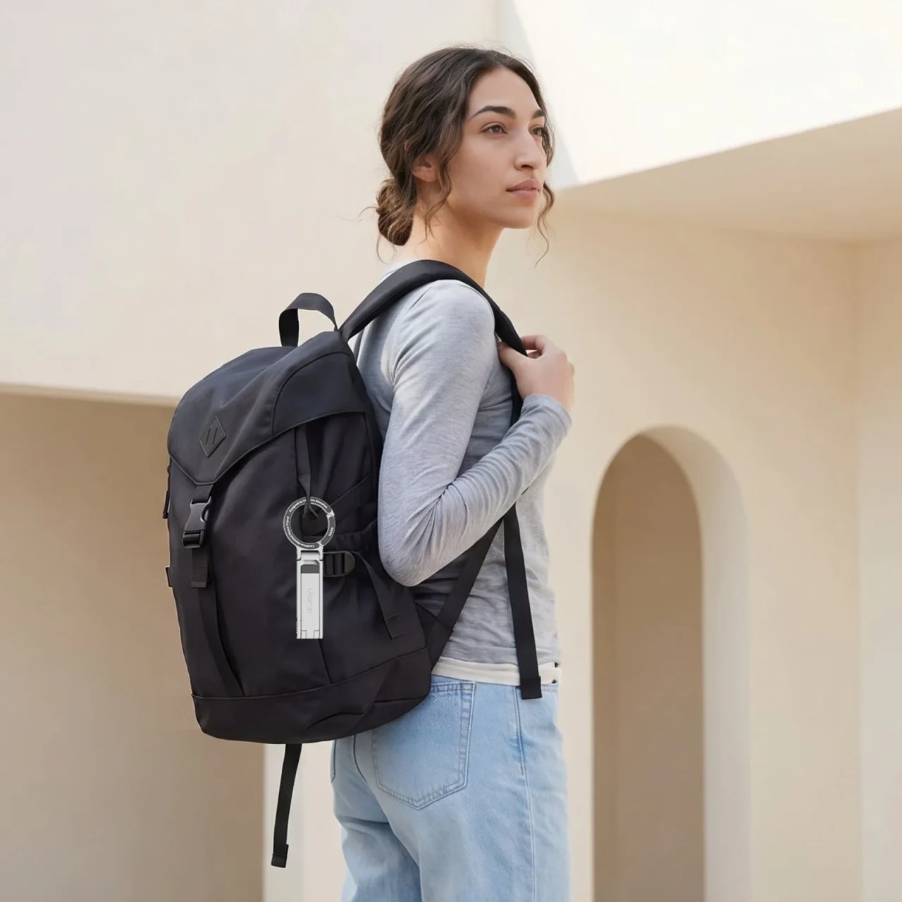 MA30Sのカラビナをバックパックに装着した持ち運びイメージ