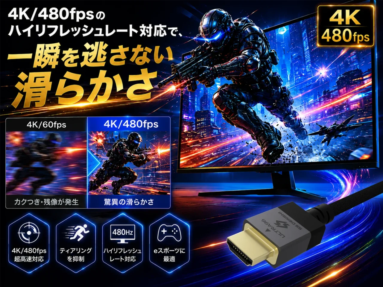 4K/480fps対応を訴求するUltra 96 HDMIケーブルの告知ビジュアル