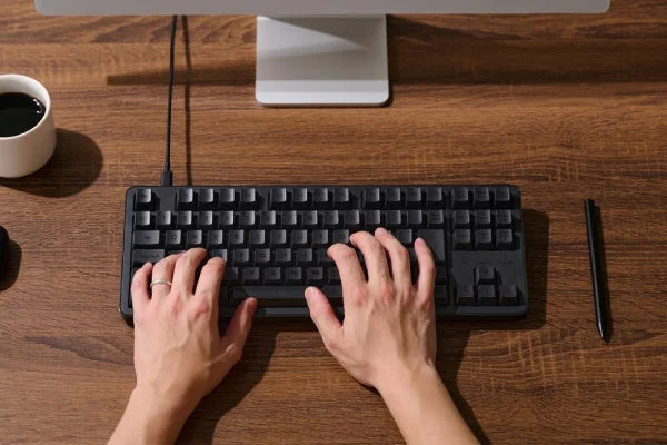 Leggeroシリーズの黒い有線メカニカルキーボードを木製デスクでタイピングする様子
