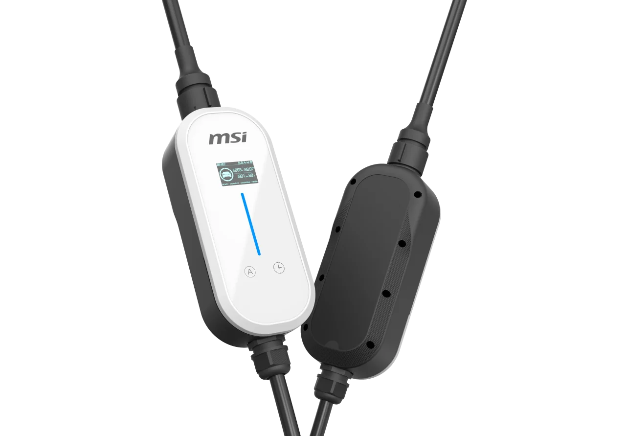 ポータブルEV充電器の白い前面と黒い背面