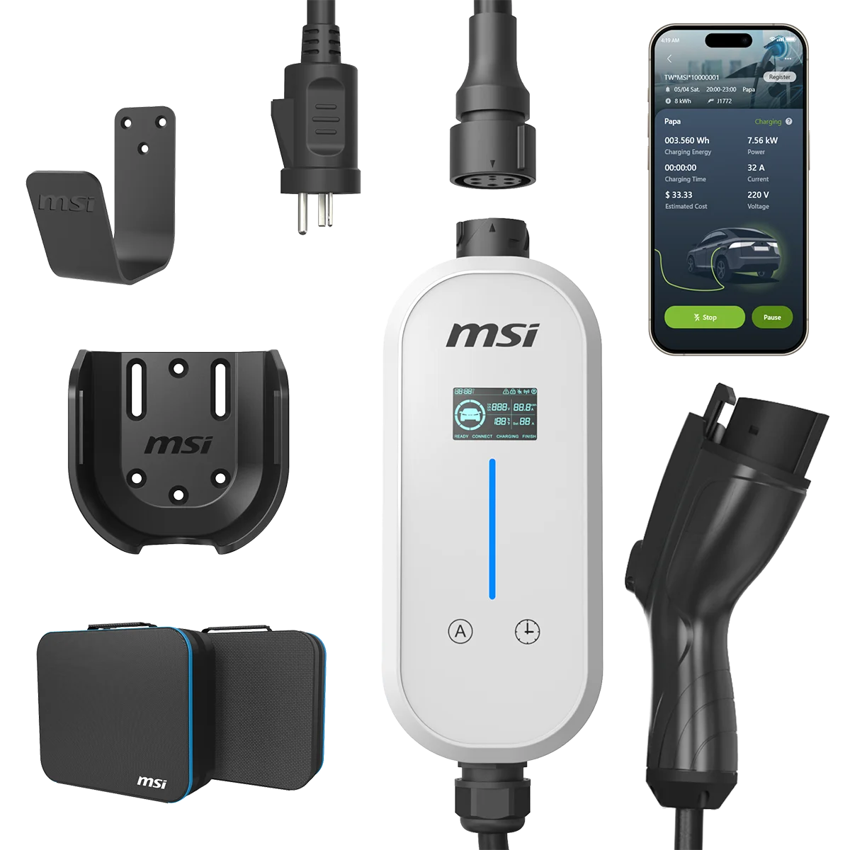 ポータブルEV充電器本体とプラグ、収納バッグ、スマホ画面