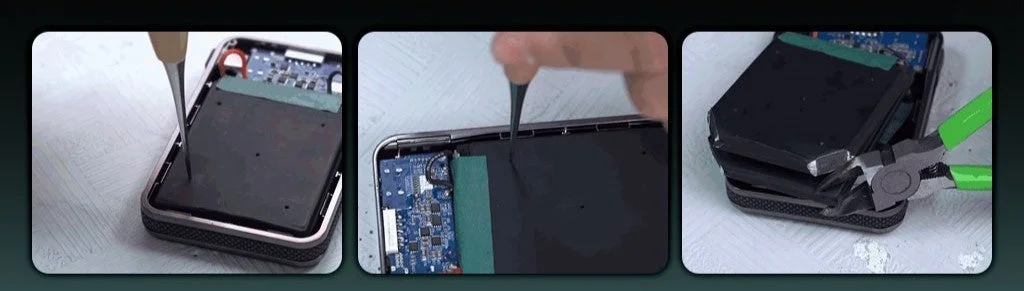 HeatZero 10000の内部セルに尖った工具を刺し、ペンチで挟む3場面