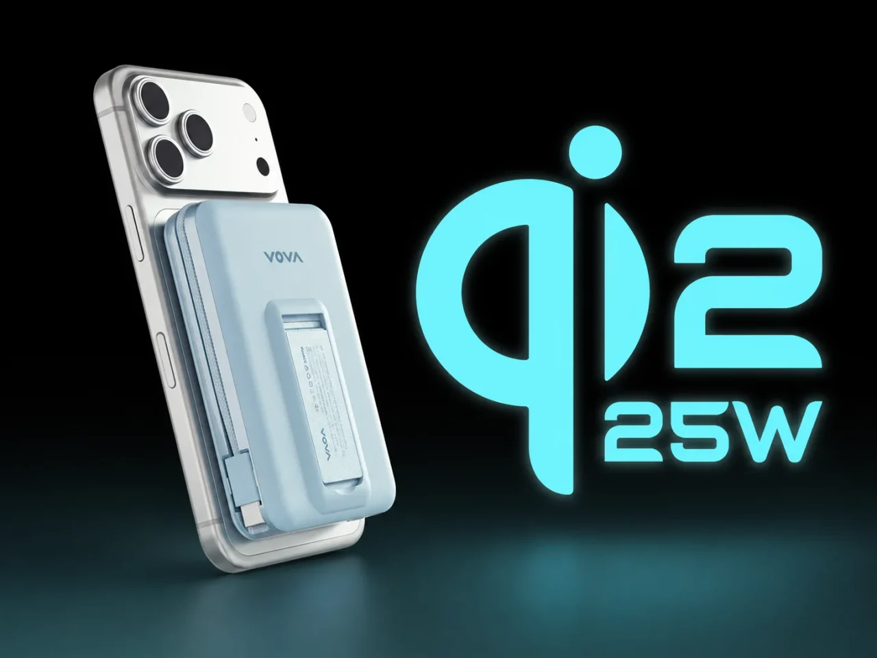 スマートフォン背面に装着した水色のHeatZero 10000とQi2 25Wの表示
