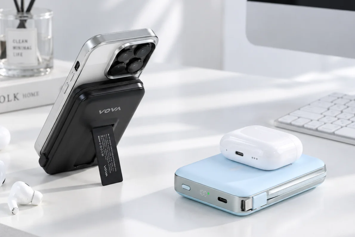 HeatZero 10000の黒い本体でスマートフォンを支え、水色の本体に白いイヤホンケースを載せた様子