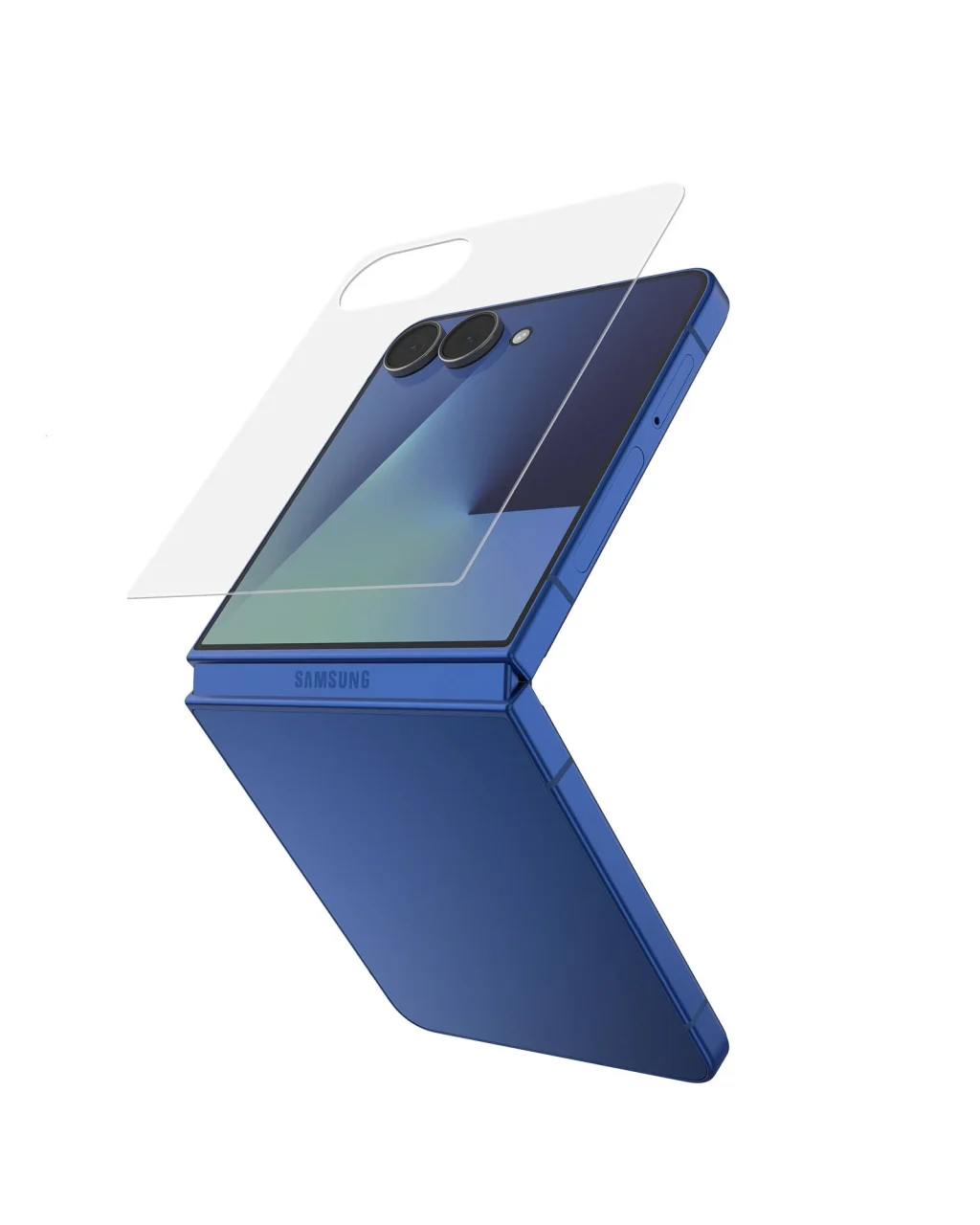 Titan SmartShield AR Galaxy Z Flip8対応の透明フィルムと青い端末