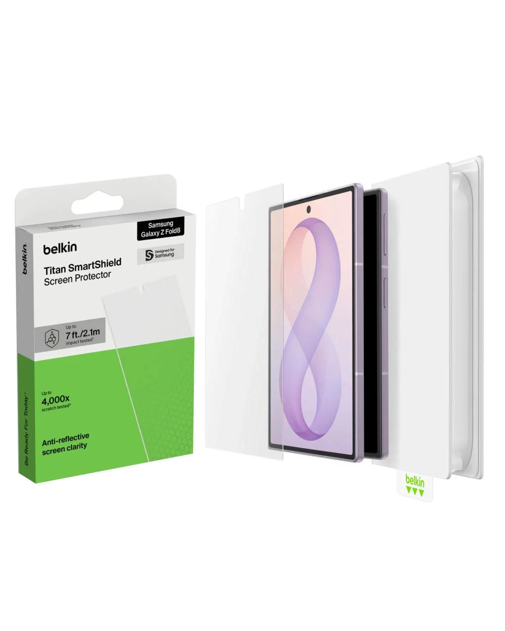 Titan SmartShield ARのGalaxy Z Fold8対応保護フィルム(OVB094fq)。白と緑の箱と装着部材
