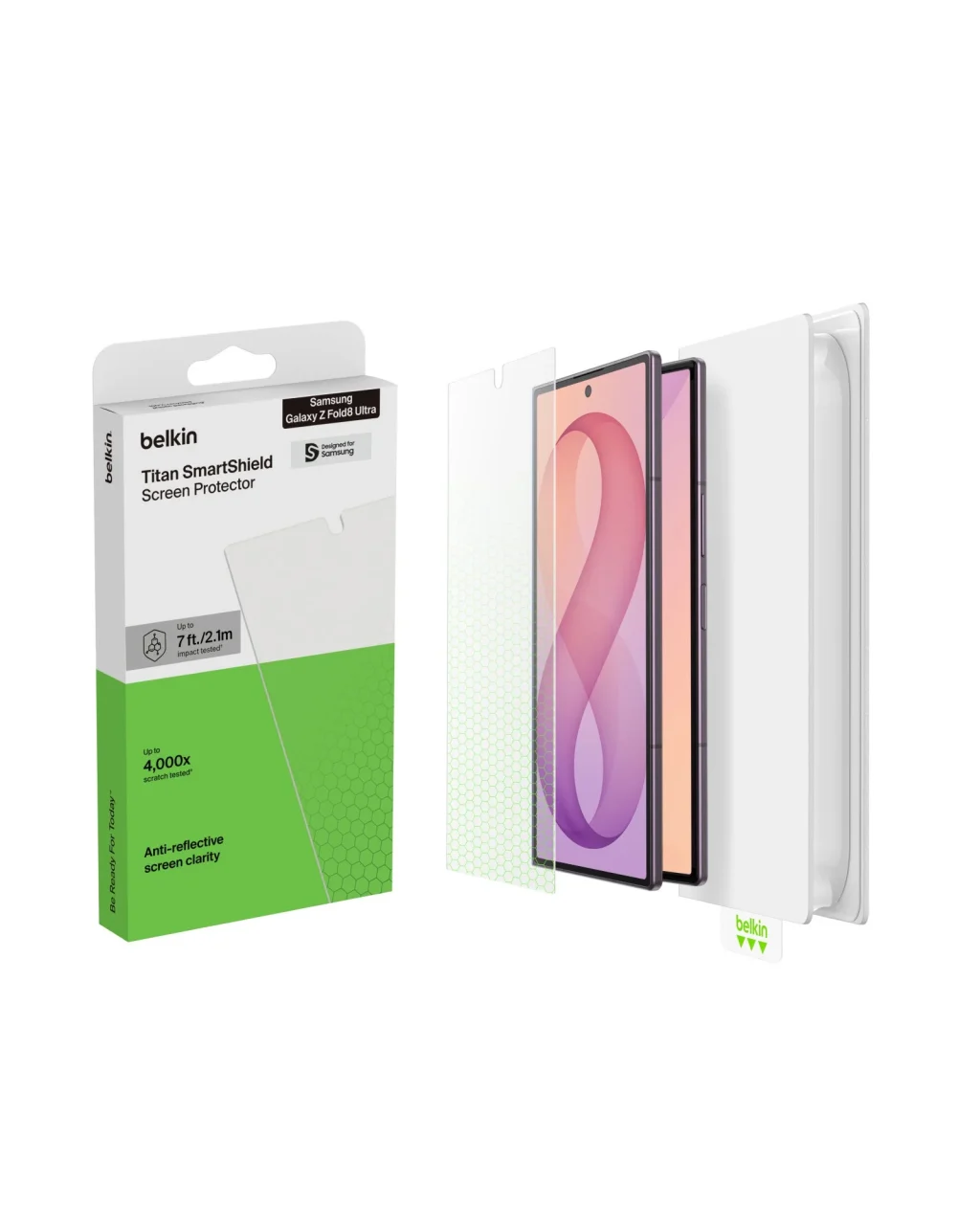 Titan SmartShield ARのGalaxy Z Fold8 Ultra対応保護フィルム(OVB095fq)。白と緑の箱と装着部材