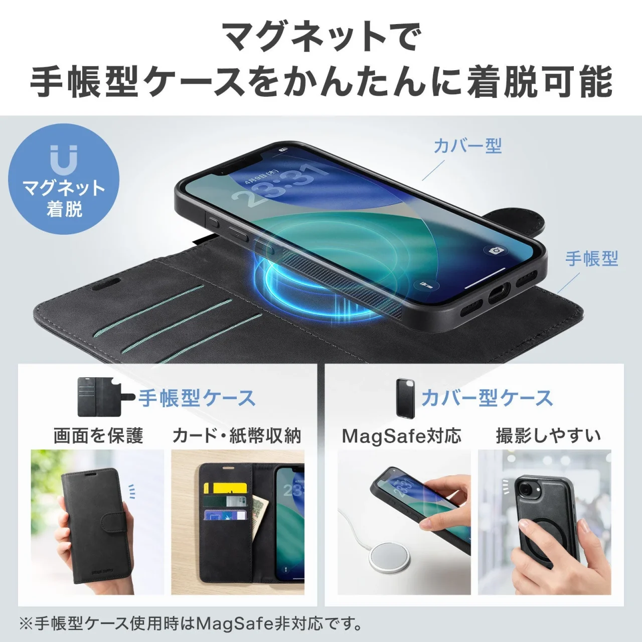 黒い手帳型ケースと背面カバーの分離図、収納・充電・撮影例