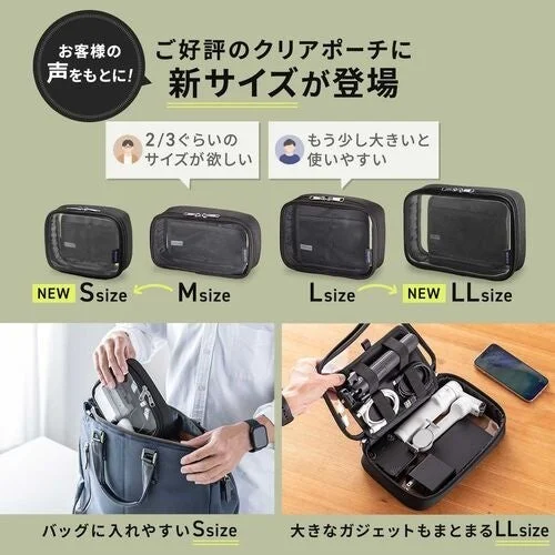 ガジェットポーチの全4サイズとS・LLサイズの収納例を示す告知