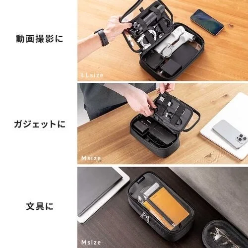 ガジェットポーチに動画撮影機器、ガジェット、文具を収納した3つの場面