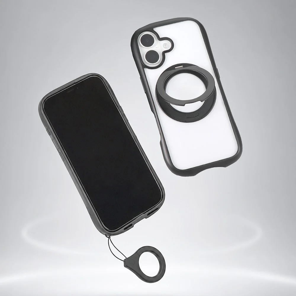 黒い縁のスマートフォン用ケースの表裏とリングストラップ