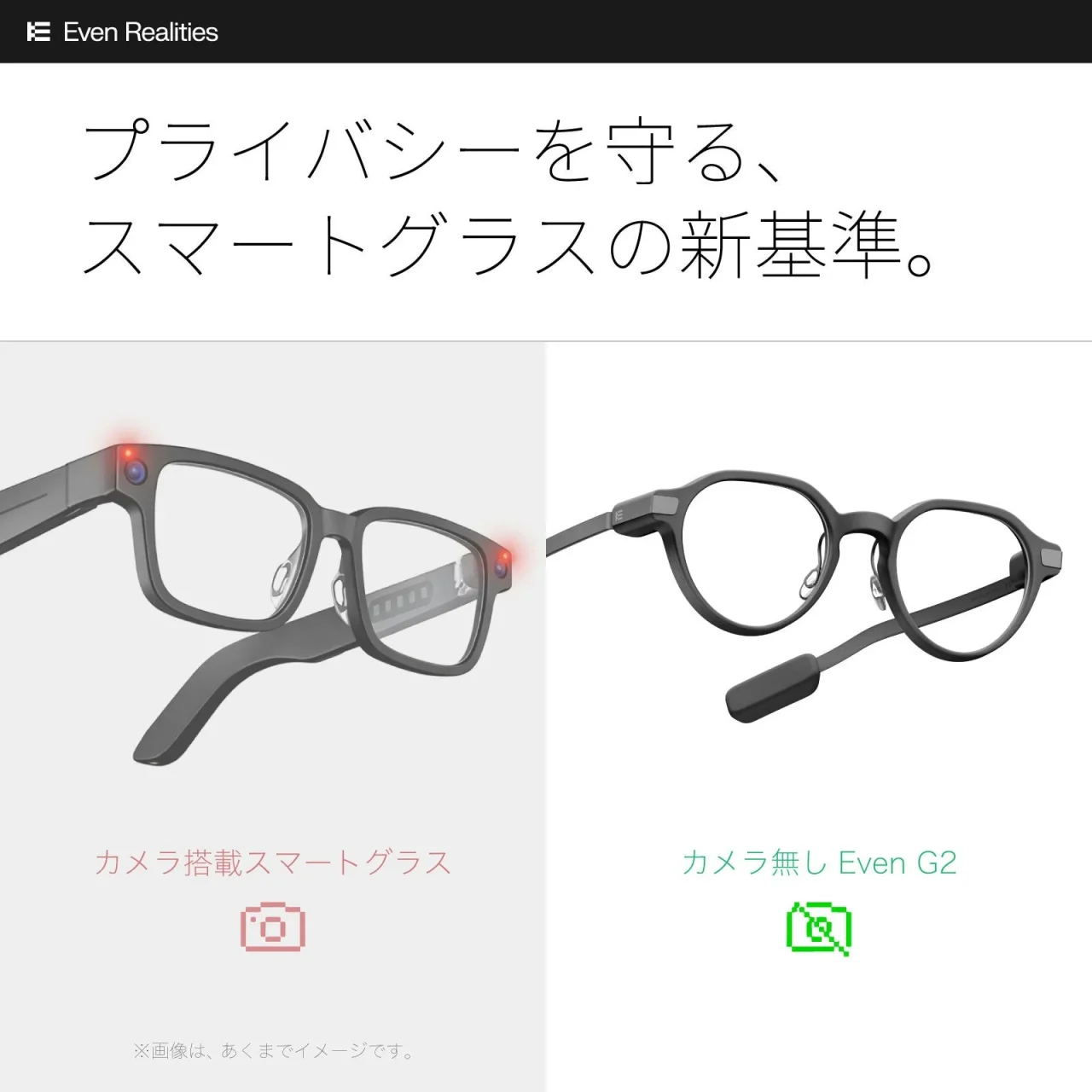 Even G2とカメラ搭載スマートグラスを左右に並べた比較図