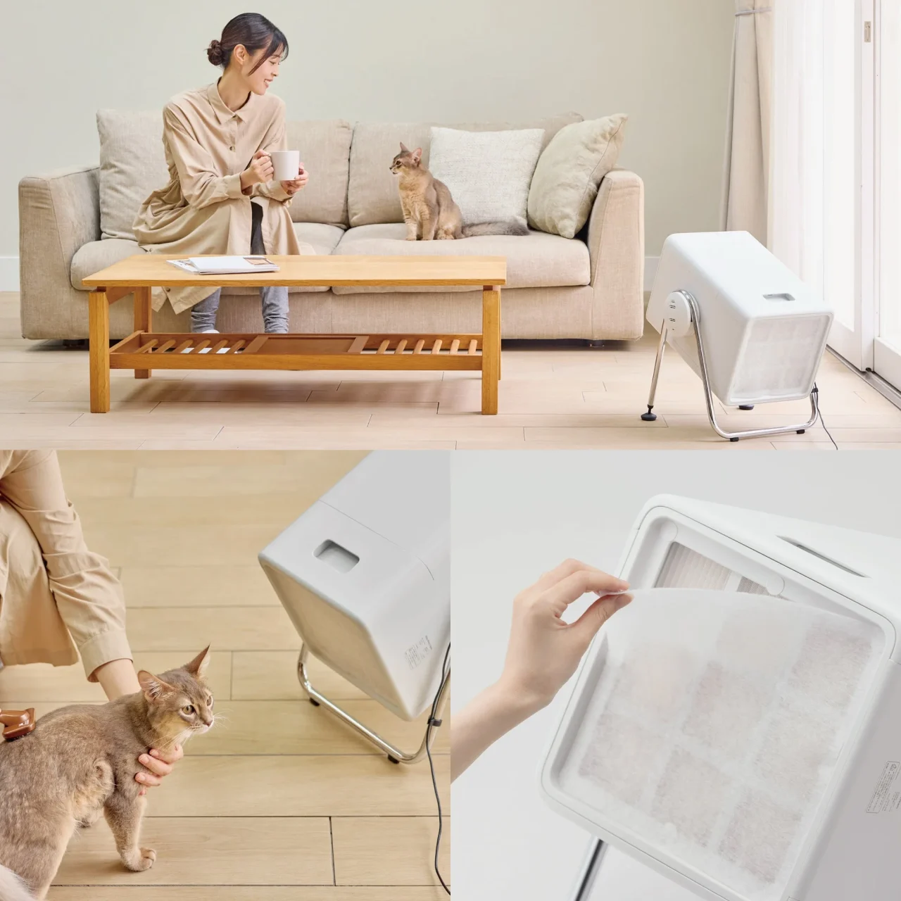 Silky Wind Cleanの猫との使用場面と使い捨てプレフィルターの交換