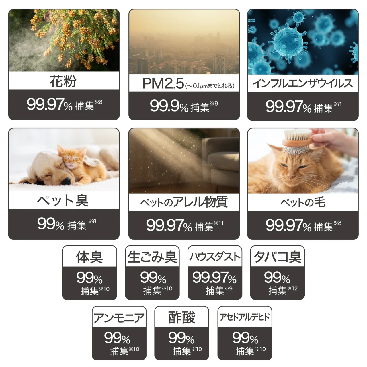 高性能3層フィルターの捕集対象と捕集率を写真付きで示した一覧