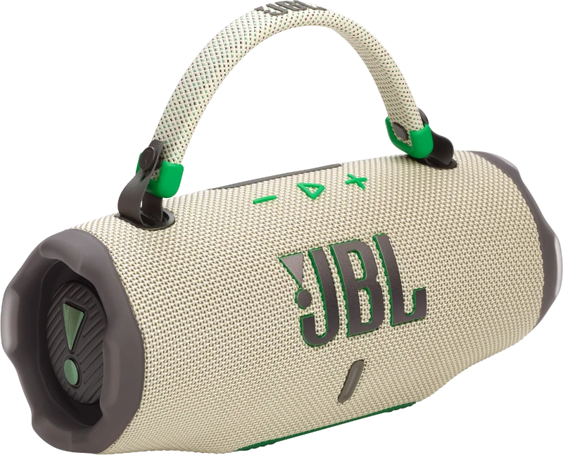 JBL CHARGE 6のベージュ色の本体と緑の留め具付きストラップ