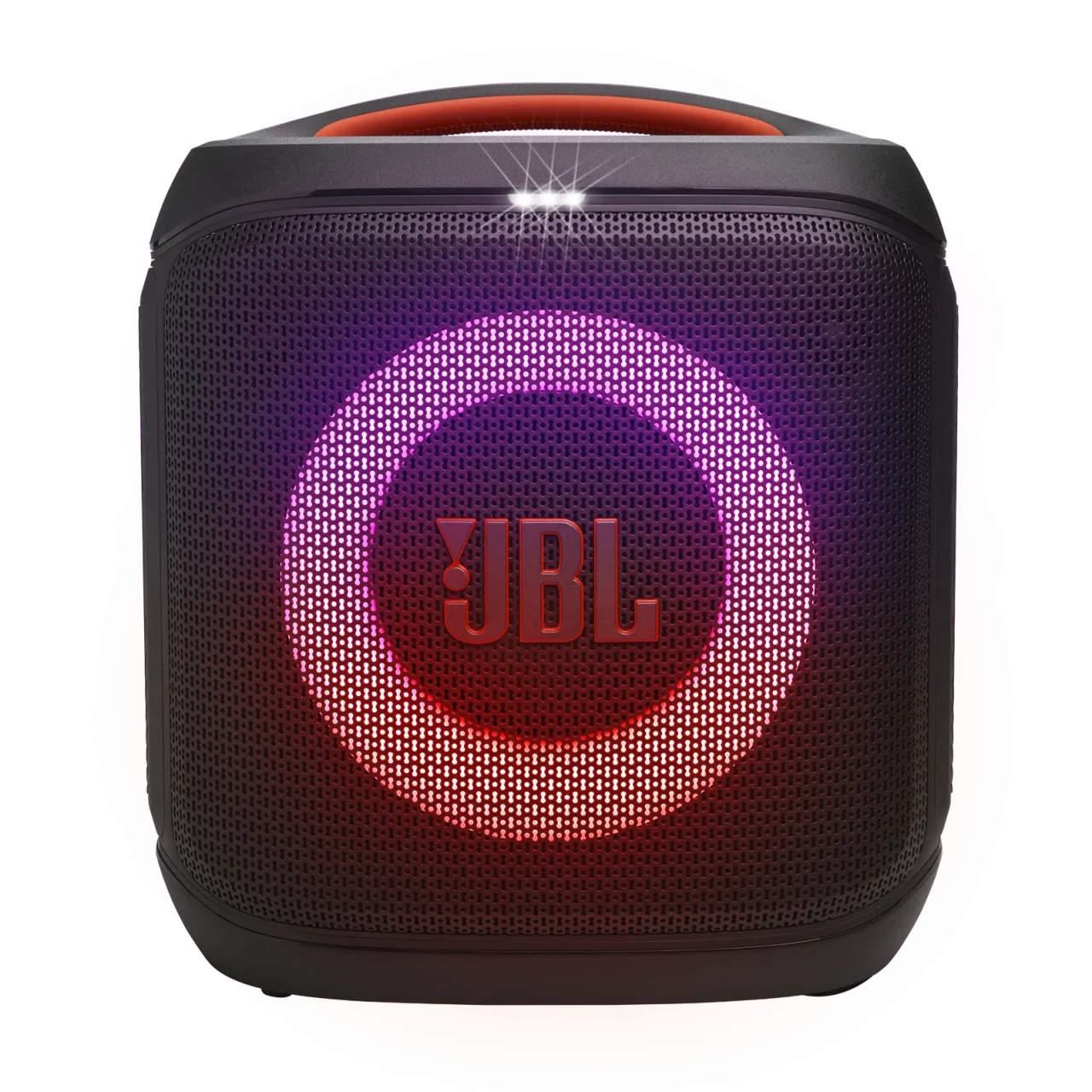 JBL PartyBox Encore 2 Essentialの黒い本体と紫・赤の円形ライト