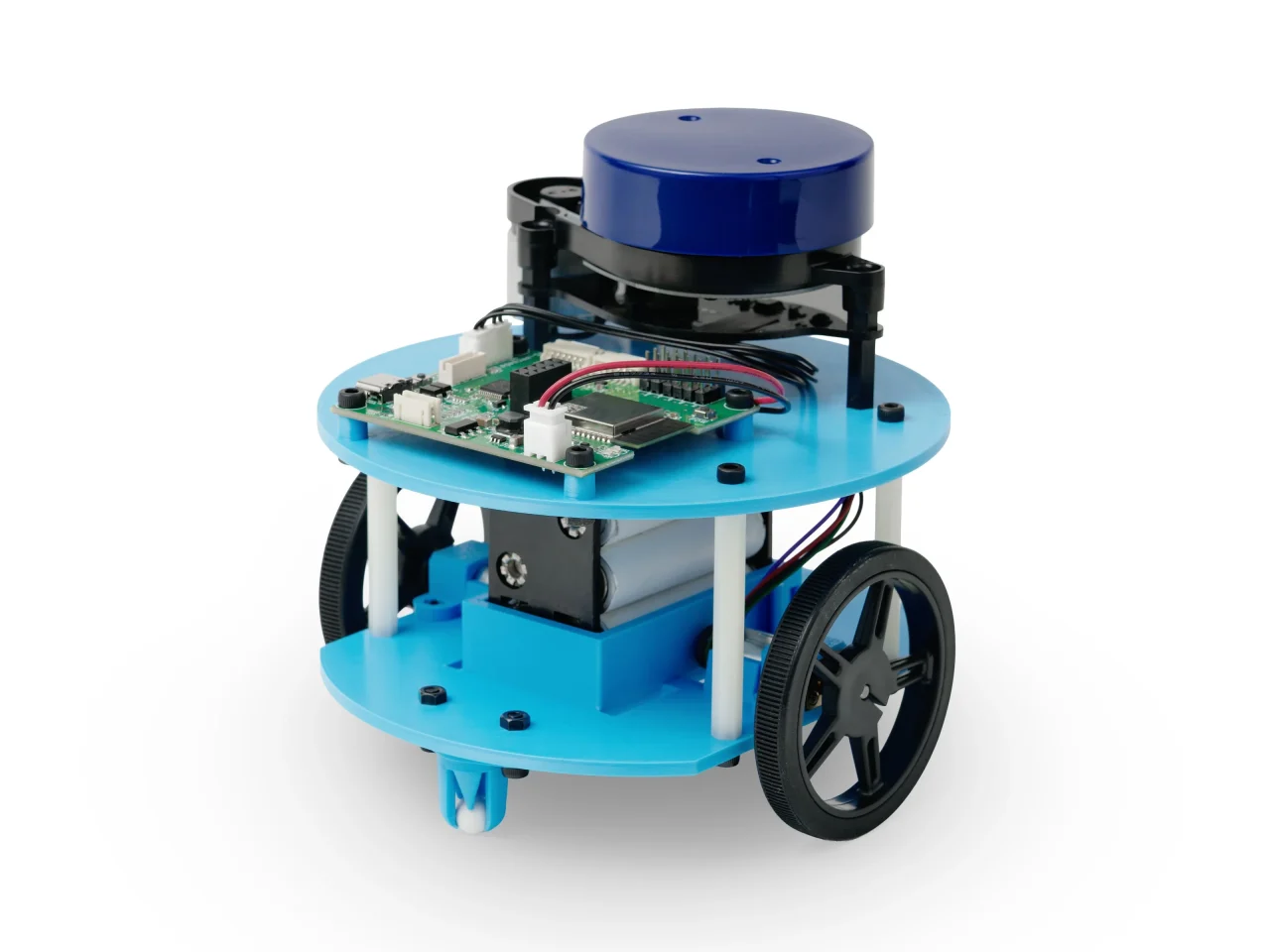 ロボット本体のフレームを水色にした機体と黒い車輪、青い上部LiDAR