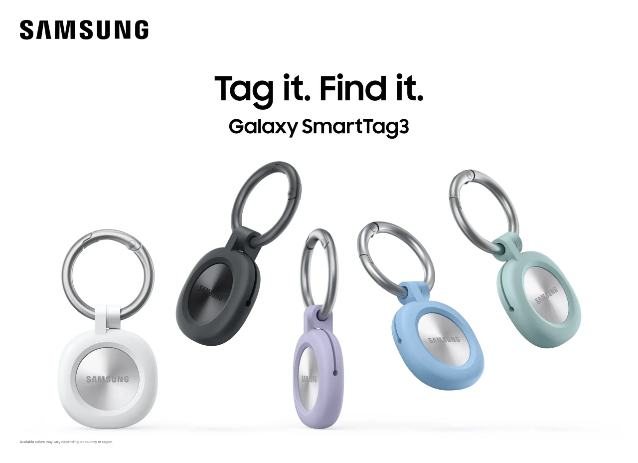 Samsung Galaxy SmartTag3。キーリング付きケースに入った5色のタグ