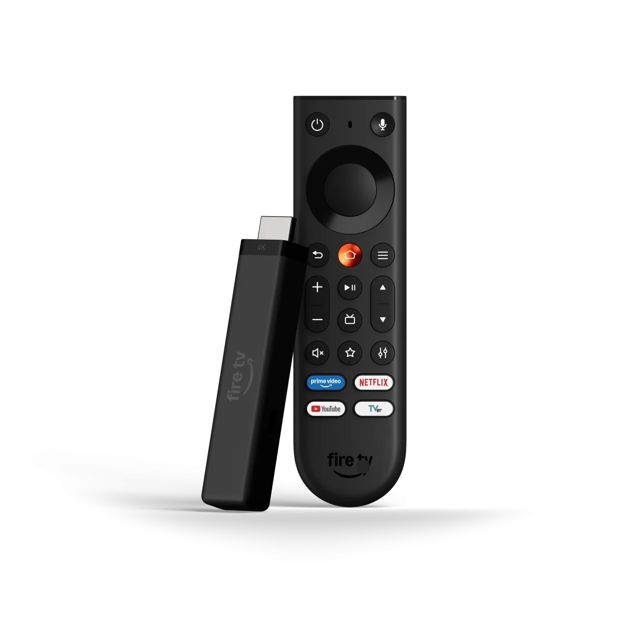 Fire TV Stick 4Kと同梱のFire TVリモコン。黒い本体とオレンジのホームボタン