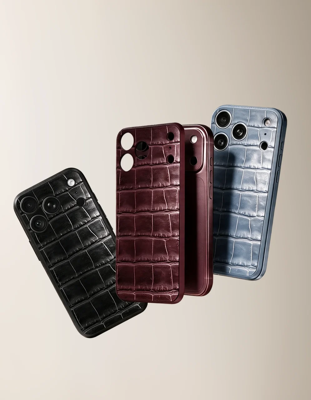 Croco Embossed Magnetic Shield の黒・バーガンディ・ライトブルーの3色ケース