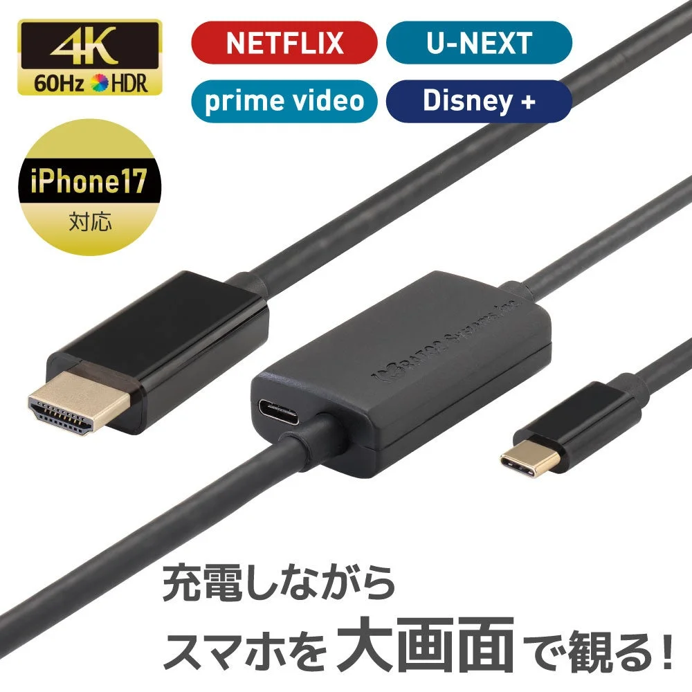 HDMIとUSB Type-C端子を備え、中央に給電ポートがある黒い変換ケーブル