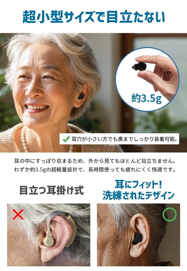 超小型耳穴フィット設計の集音器を装着した高齢女性と耳掛け式との比較
