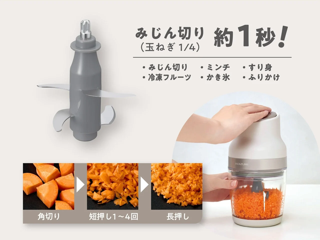 カッター（4枚刃）の刃と、みじん切り約1秒のコードレスマルチチョッパー