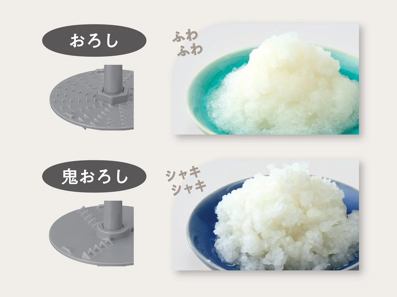 両面おろしプレートのおろしと鬼おろしの面と、ふわふわ・シャキシャキの大根おろし