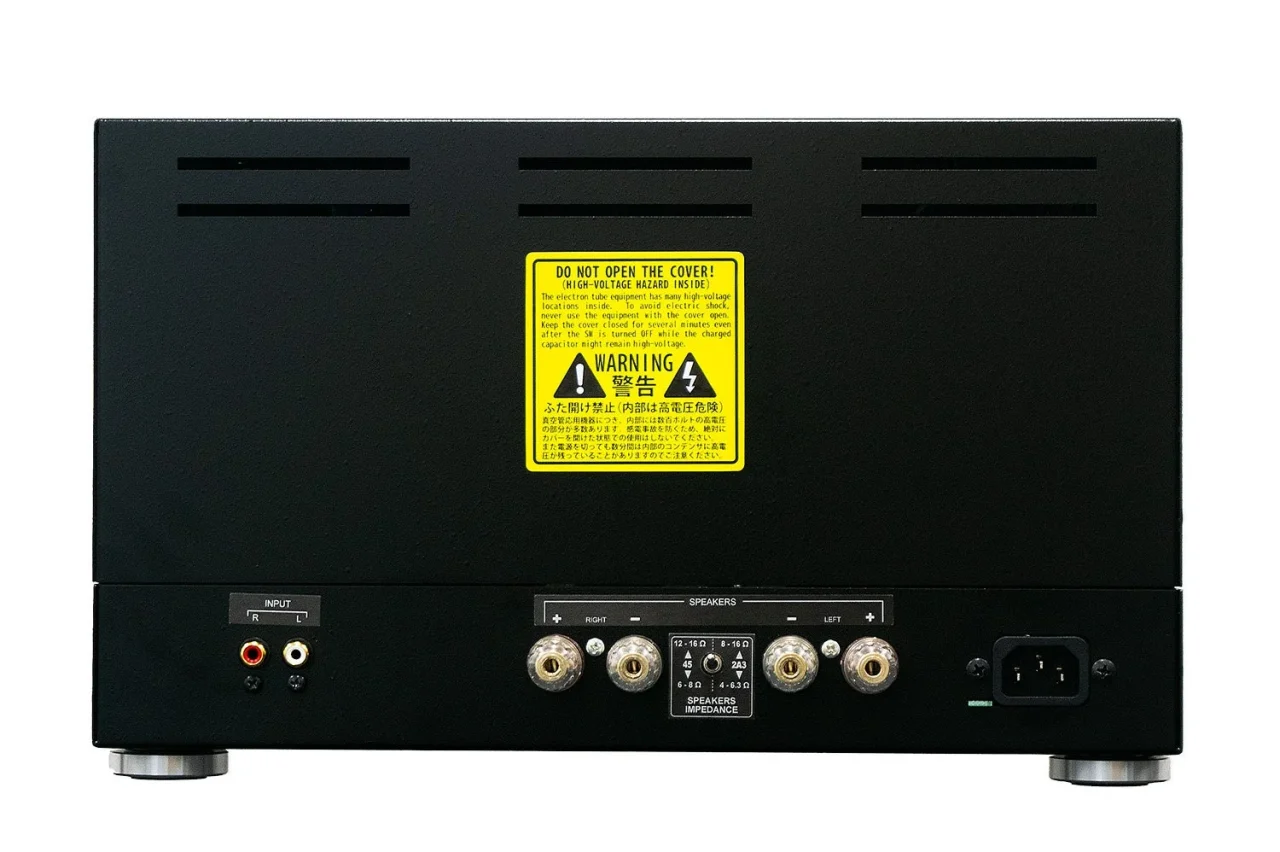 TU-4523の背面。警告ラベル、入力端子、スピーカー端子、電源端子