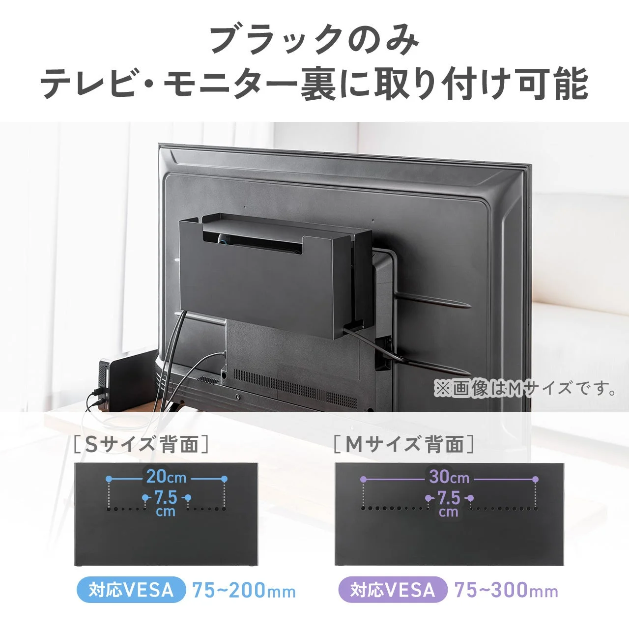 テレビ・モニター裏に取り付けたブラックのケーブルボックスと、S・Mサイズ背面のVESA対応寸法