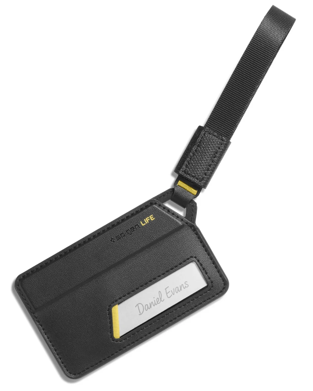 LF510 荷物タグ(ネームタグ)。黒いレザー調でストラップ付き、名前窓に Daniel Evans