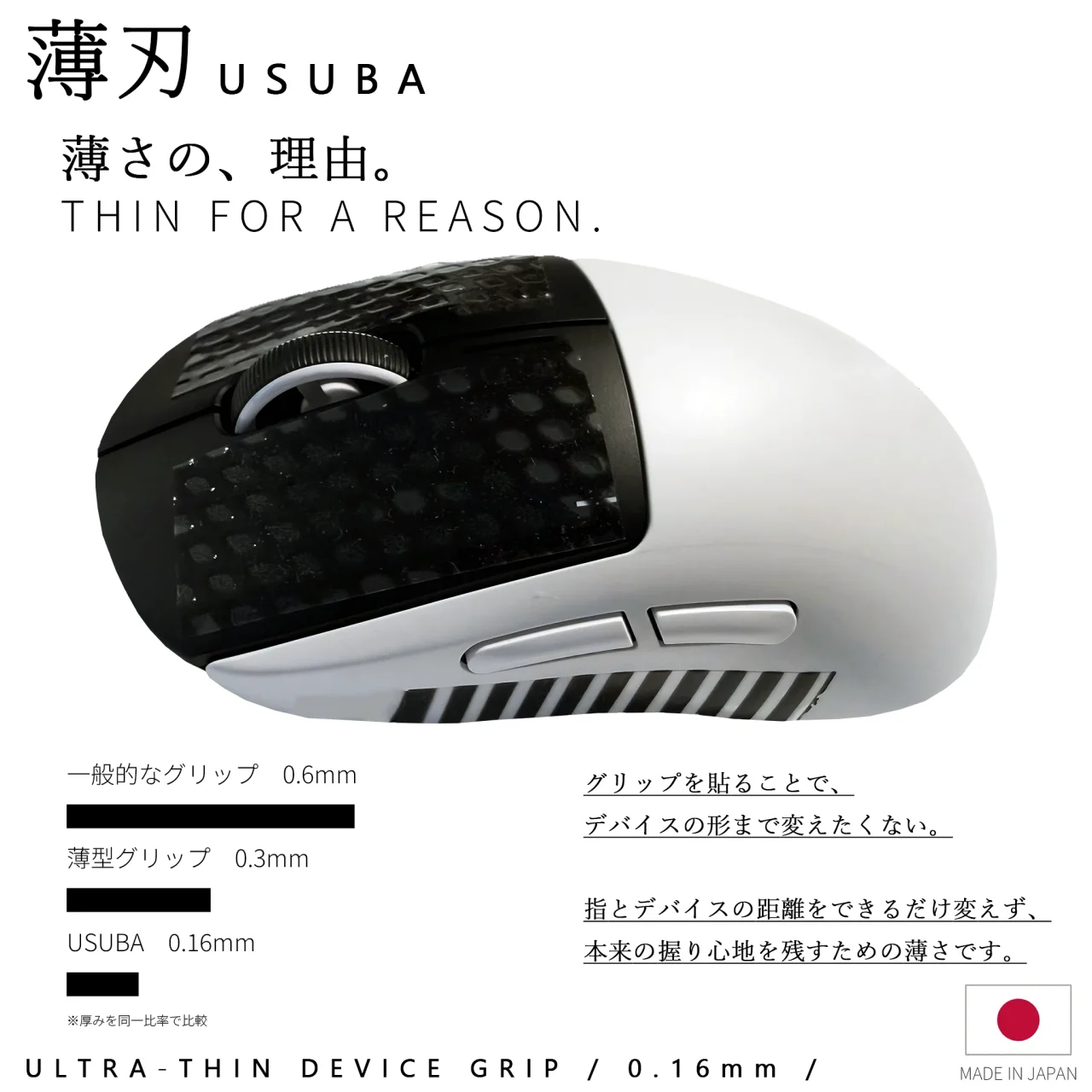 薄刃 -USUBA- のグリップを貼った白いマウスと厚さ比較