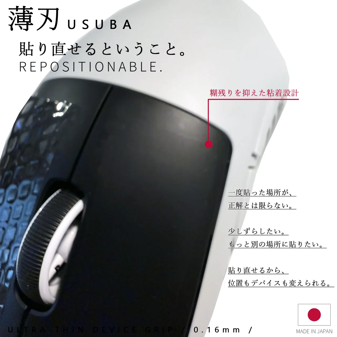 USUBAのグリップを貼った白黒マウス。貼り直せる設計を示す訴求画像