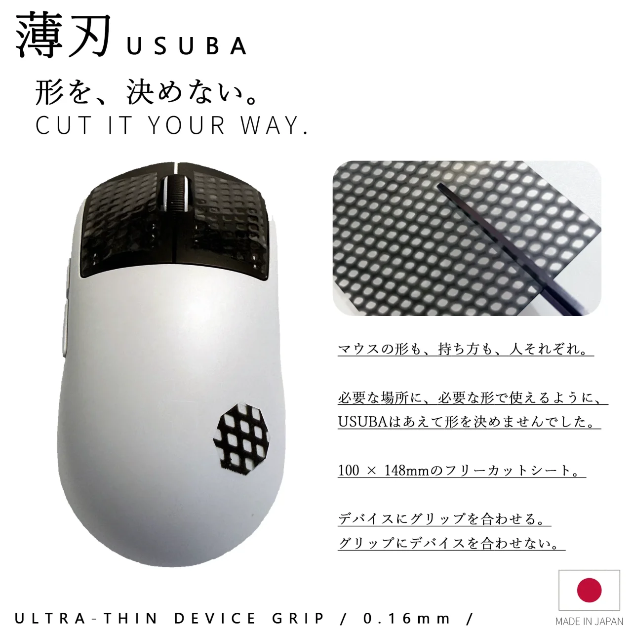 白いマウスに黒いUSUBAグリップを貼った例とメッシュシート