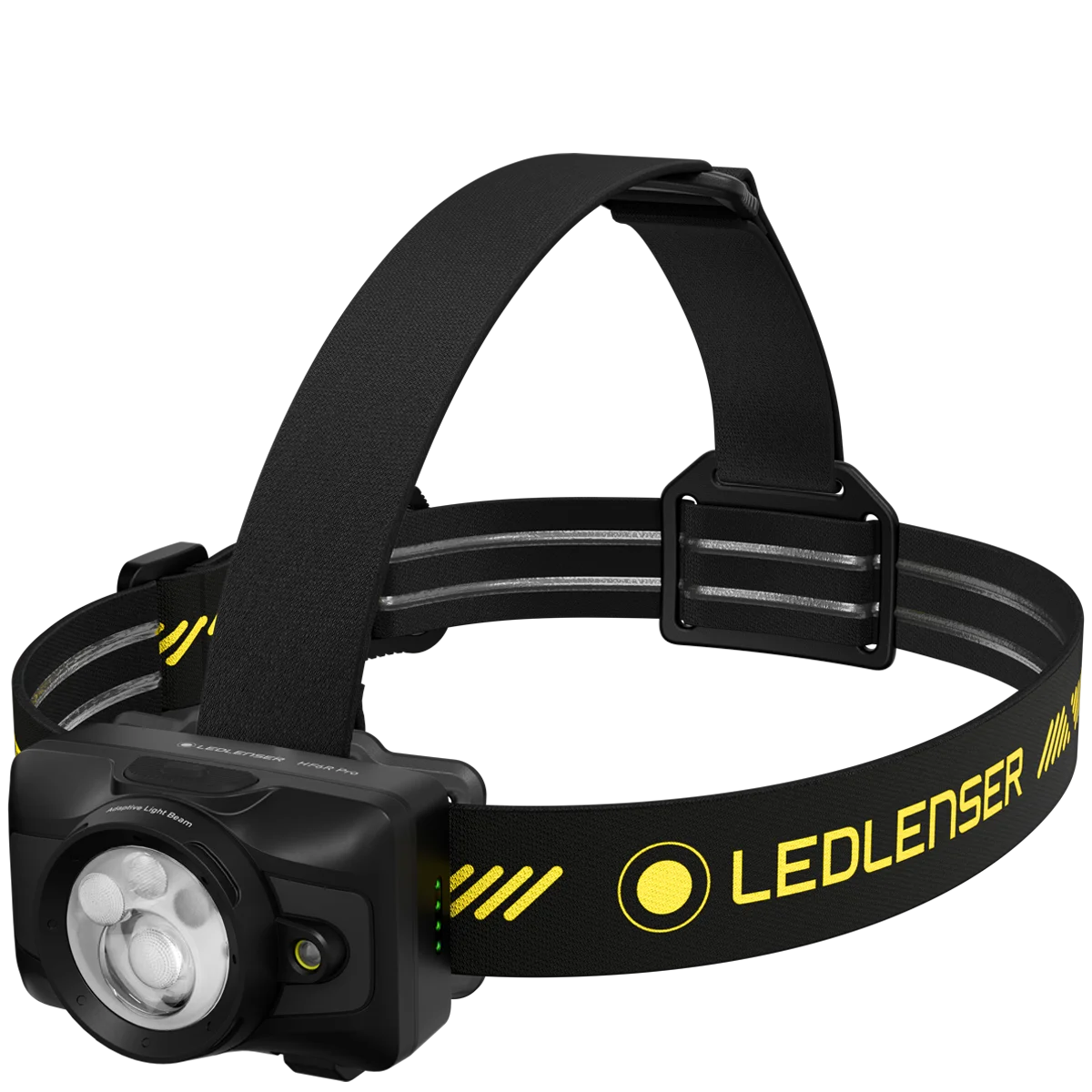 HF6R Pro ヘッドランプ。黒いヘッドバンドに黄色のLEDLENSERロゴ
