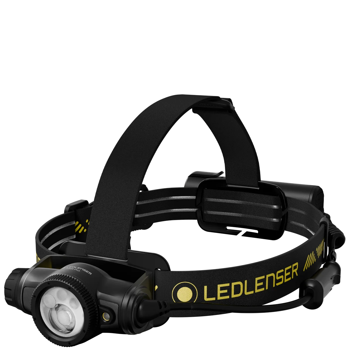 H9R Pro ヘッドランプ。黒いヘッドバンドに黄色のLEDLENSERロゴ