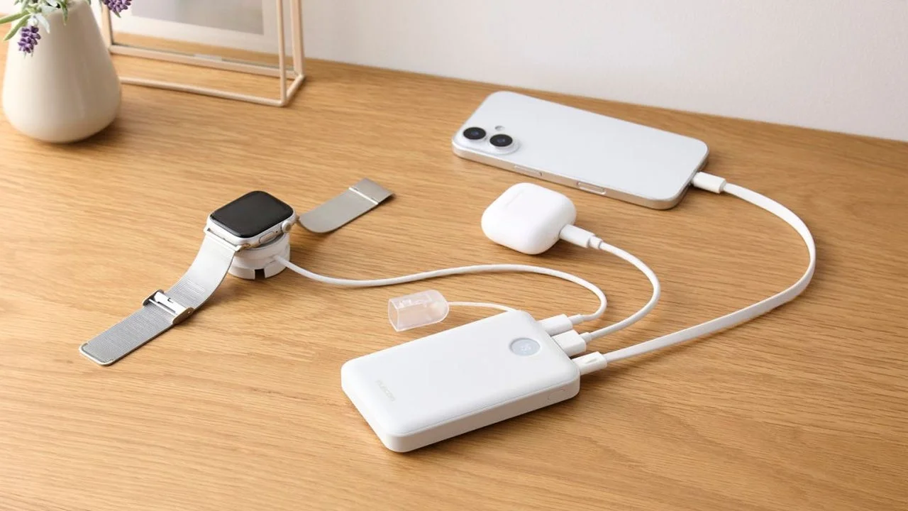 白いモバイルバッテリーからスマホ、イヤホン、腕時計をまとめて充電する様子