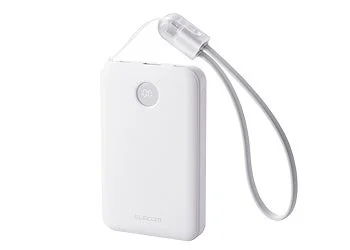 ホワイトのモバイルバッテリー DE-C88-10000WH、ストラップ型ケーブル付き