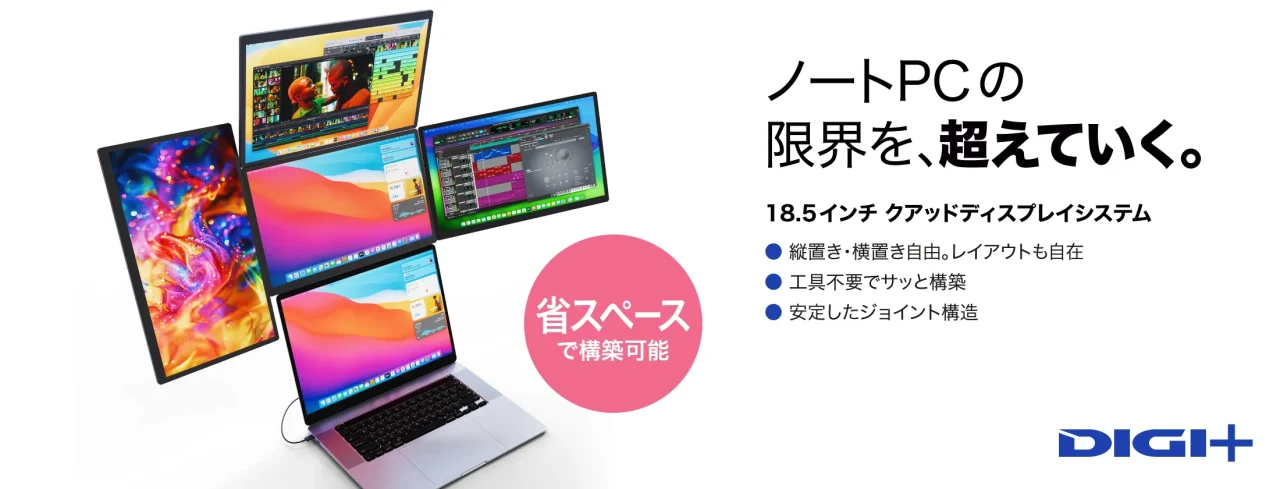 DIGI+18.5インチクアッドディスプレイシステムとノートPCの5画面構成