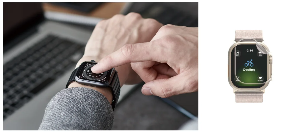 Apple Watchを指で操作する様子と、Cyclingを表示した保護フィルム付きのウォッチ